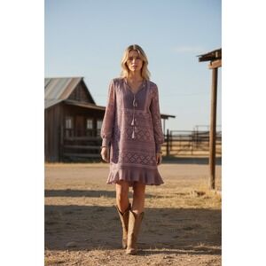 Sundance Mauve Lace Boho Mini Dress Tassel Tie Pleated Bib Smocked Cuff Medium